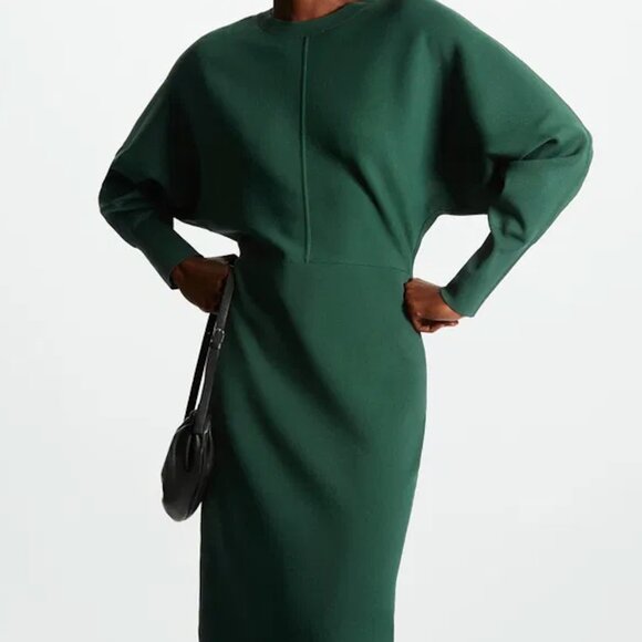 COS long sleeve Slim Fit Knitted Midi Dress in dark green dress S
